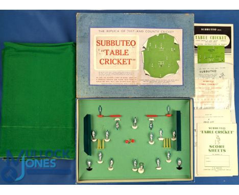 1950s Subbuteo Cricket Set. The set comes with 8 celluloid fielders on white bases, 2 celluloid umpires - red and blue on bla