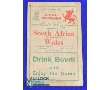 1931 Wales v S Africa Rugby Programme: Packed 12pp plus attractively coloured covers, if showing some wear and tiny cover cor