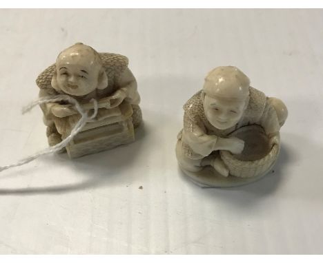 A carved ivory netsuke of a scholar reading, bears red mark to back and signed beneath, 3 cm high, together with a carved ivo