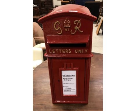 A modern vintage style red painted post box inscribed "GVI R Letters Only"  Size approx 59cm high x 30cm wide