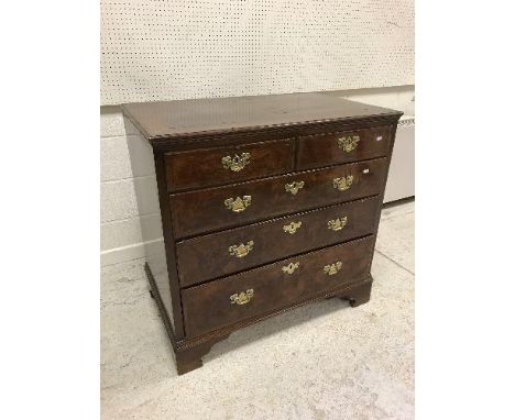 A burr walnut and crossbanded chest in the 18th Century manner, the feather and crossbanded top with applied moulded edge, ov
