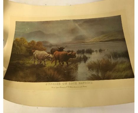 Three unframed colour prints of Highland cattle, AFTER H R HALL, an unframed print AFTER S L CRAWFORD "We Three Kings" plus e