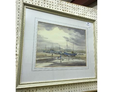 R. W ALDRIDGE "Low Tide Evening", study of boats on beach with figures in foreground, watercolour, signed and dated 1974 lowe