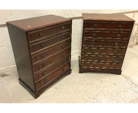 A pair of modern mahogany veneered chests of six drawers with brass beading in the Empire style, raised on a bracket foot bas