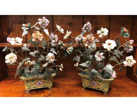 A pair of 19th Century Chinese cloisonné yellow ground floral and scrolling foliate decorated jardinier ornaments set with fl