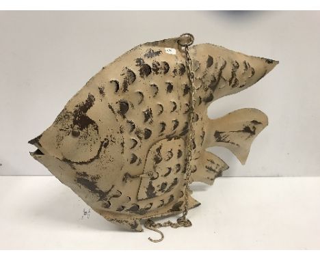 A vintage style painted and pierced metal fish hanging light 47 x 64 cm
