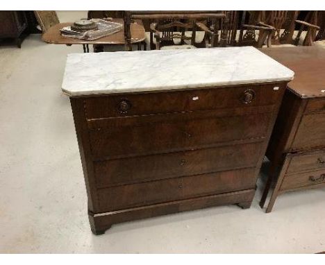 A 19th Century French mahogany commode, the grey veined white marble top over four long drawers on bracket feet, 105 cm wide 
