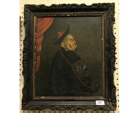 19TH CENTURY CHINESE SCHOOL "Mandarin", a portrait study from side, with curtain behind, oil on canvas, unsigned, 40 cm x 33 
