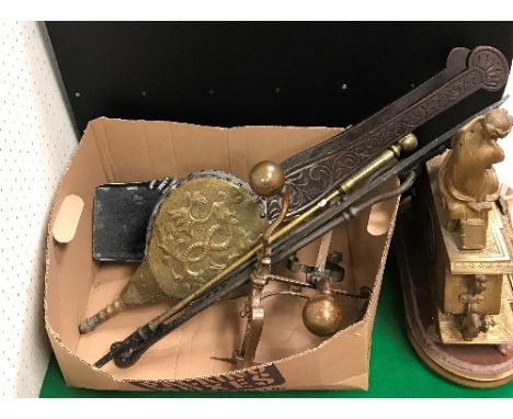 A pair of stained wood and brass bound bellows, approx 77 cm long, together with a pair of copper fire dogs and various other