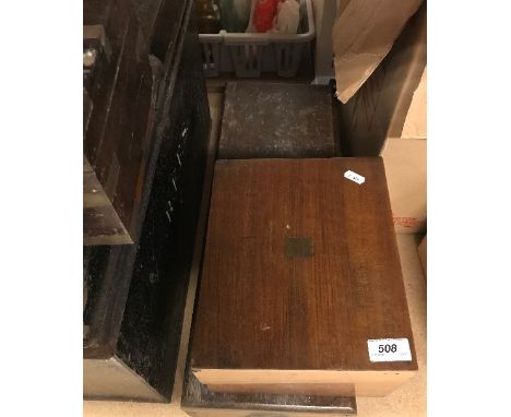 A collection of items including painted tin trunk, leather suitcase, wooden box of assorted hand tools, a mahogany writing sl