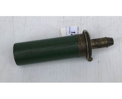 A 19th Century Sykes patent powder flask of cylinder form 14.5 cm long