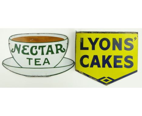 Lyon's Cakes double sided enamel advertising sign, 
height 15", a Nectar Tea sign, Brookebond's Tea sign and a Mine's A Minor