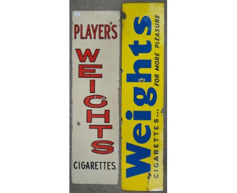 A blue and yellow Weights cigarettes enamel advertising sign, 
58" x 13", a double-sided Player's Weights enamel sign and ano