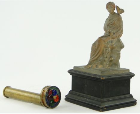 An Austrian painted terracotta figure
impressed R Lechner on wooden plinth, height 11.5", and a brass kaleidoscope.