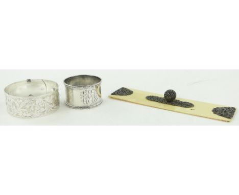 3 silver items,
comprising; engraved bangle, napkin ring and ruler, (3).