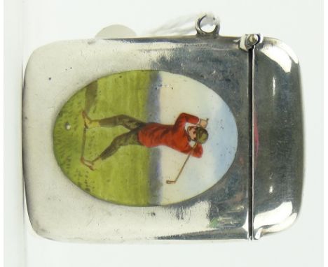 A late Victorian silver and enamel vesta case depicting a golfer,
Birmingham 1899, height 5cm.