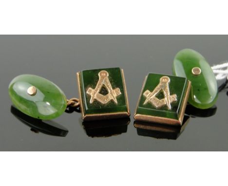 Pair of 9ct gold and green stone Masonic cufflinks, 
panel height 14mm.