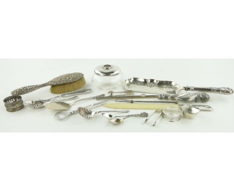Box of various items,
including a silver handled paperknife, silver candle lighter, crumb tray and other silver and plated it