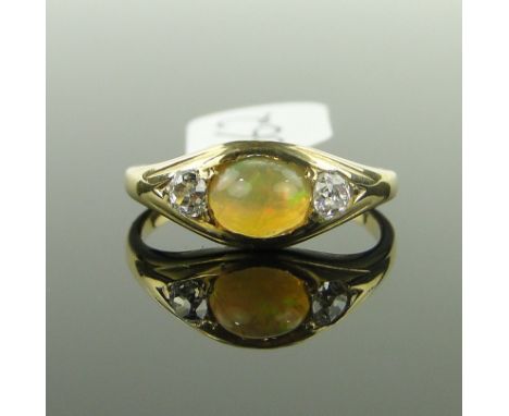 18ct gold 3 stone fire opal and diamond ring, 
size L.