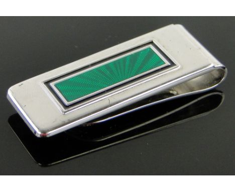 A Dunhill silver and green enamel money clip, boxed.