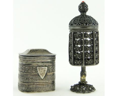 A Dutch silver snuff box,
marks under base, height 4cm, together with an unusual circular silver filigree box on stand, indis