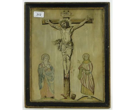 A 17th century silk panel
depicting the crucifixion, dated 1665 and signed W W, height 15.5" overall.