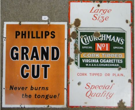 A green enamel Wills's Woodbines advertising sign, 
length 60", a Phillips Grand Cut enamel sign, height 24", a Churchman's s