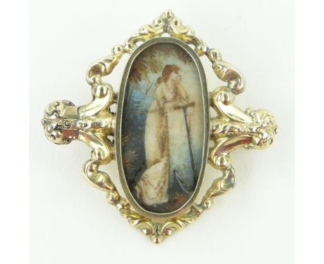 Antique unmarked gold memorial brooch,
with miniature inset painting on ivory panel depicting a standing girl, in scroll open