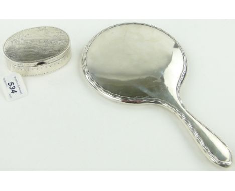 Antique continental oval silver snuff box,
the lid decorated with a shooting scene, Import marks London 1912, 9.5cm across.