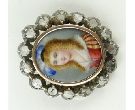 An 18th century enamel brooch,
depicting portrait of a young woman, in rose-cut diamond set surround, height 32mm.
