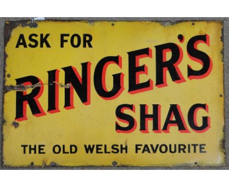 An enamel advertising sign for Ringer's Shag, 
30" x 20".