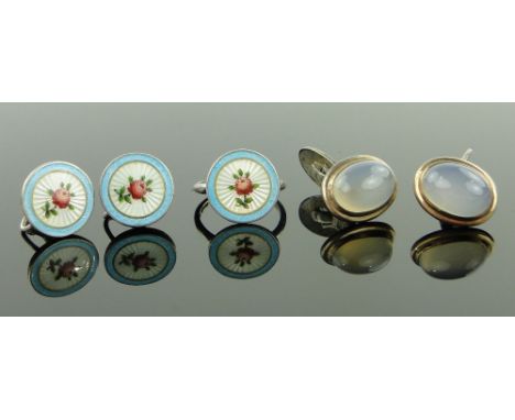 Silver and enamel ring and matching earrings,
together with a pair of silver and moonstone cufflinks.
