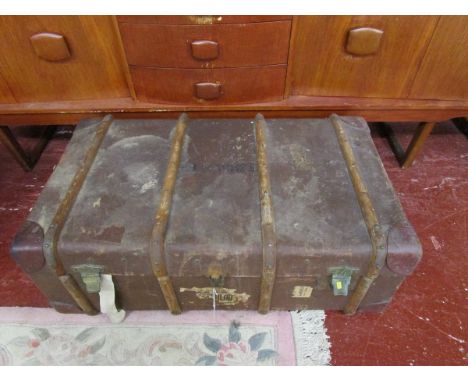 Wooden banded steamer trunk with interior tray