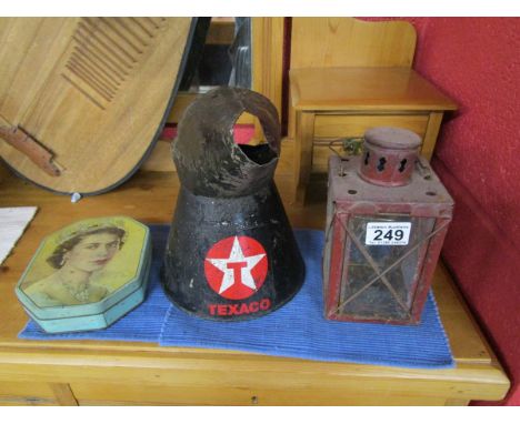 Old Texaco oil can, biscuit tin and lamp