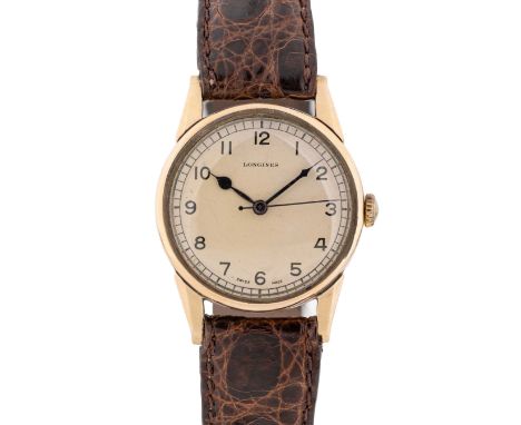 A RARE GENTLEMAN'S 9CT SOLID GOLD LONGINES WRIST WATCHCIRCA 1942, WITH ORIGINAL AIR MINISTRY MILITARY DIAL & HANDSMovement: 1