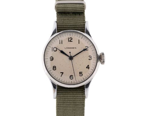 A GENTLEMAN'S BRITISH MILITARY AIR MINISTRY LONGINES RAF PILOTS WRIST WATCHDATED 1943, WITH MOD DIALMovement: 16J, manual win