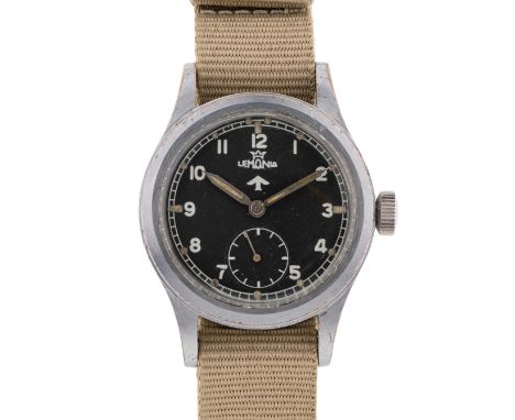 A GENTLEMAN'S BRITISH MILITARY LEMANIA W.W.W. WRIST WATCHCIRCA 1945, PART OF THE "DIRTY DOZEN" WITH "FAT ARROW" MOD DIAL Move