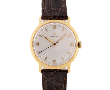 A GENTLEMAN'S LARGE SIZE 18K SOLID GOLD ROLEX PRECISION WRIST WATCHCIRCA 1960Movement: 17J, manual wind, signed Montres Rolex