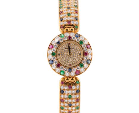 A FINE & RARE LADIES 18K SOLID GOLD, DIAMOND, EMERALD, RUBY & SAPPHIRE AUDEMARS PIGUET BRACELET WATCHCIRCA 2000, WITH ORIGINA