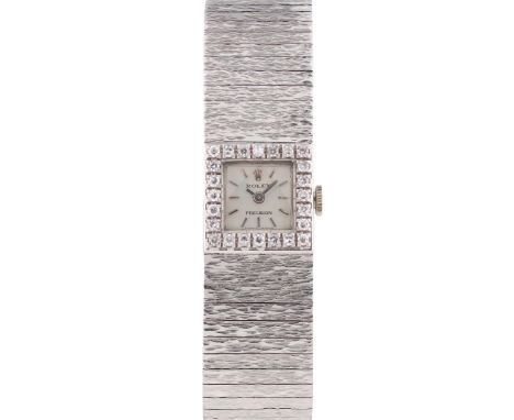 A FINE LADIES 18K SOLID WHITE GOLD & DIAMOND ROLEX PRECISION BRACELET WATCHCIRCA 1960s, WITH ORIGINAL ROLEX BOXMovement: 18J,