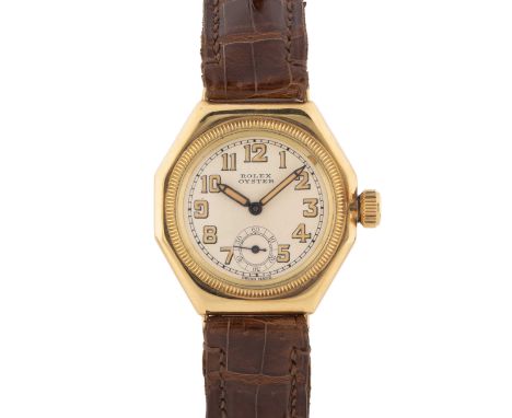 A GENTLEMAN'S SIZE 18K SOLID GOLD ROLEX OYSTER OCTAGONAL WRIST WATCHCIRCA 1930Movement: 15J, manual wind, signed Rolex.Case: 