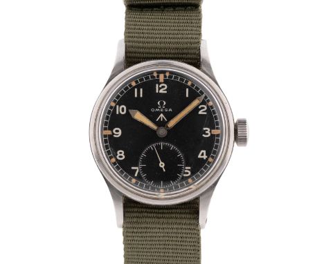 A GENTLEMAN'S STAINLESS STEEL BRITISH MILITARY OMEGA W.W.W. WRIST WATCHCIRCA 1945, PART OF THE "DIRTY DOZEN" Movement: 15J, m