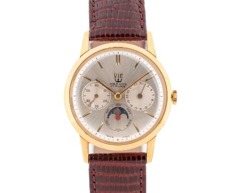 A GENTLEMAN'S YELLOW GOLD PLATED MERVOS TRIPLE CALENDAR MOONPHASE WRIST WATCHCIRCA 1960s, REF. 1316100 ORIGINALLY MADE FOR UN
