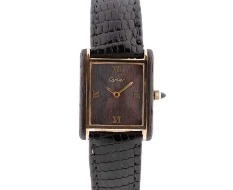 A RARE GENTLEMAN'S SIZE GOLD PLATED & WOOD CARTIER TANK WRIST WATCHCIRCA 1980Movement: Manual wind.Case: Approx. 24.5mm by 30