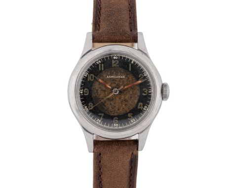 A RARE GENTLEMAN'S STAINLESS STEEL LONGINES "SEI TACCHE" WRIST WATCHDATED 1946, REF. 5413 WITH "TROPICAL" BLACK DIAL, ACCOMPA