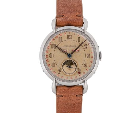 A RARE GENTLEMAN'S LARGE SIZE STAINLESS STEEL JAEGER LECOULTRE TRIPLE CALENDAR MOONPHASE WRIST WATCHCIRCA 1940sMovement: Manu