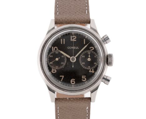A GENTLEMAN'S LARGE SIZE STAINLESS STEEL CONSUL ANTIMAGNETIC WATERPROOF CHRONOGRAPH WRIST WATCHCIRCA 1940s, WITH SPILLMAN CAS