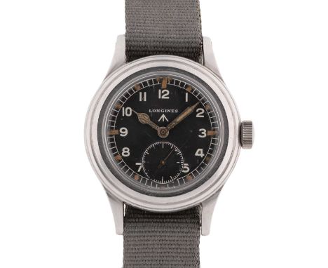 A GENTLEMAN'S STAINLESS STEEL BRITISH MILITARY LONGINES W.W.W. WRIST WATCHCIRCA 1945, PART OF THE "DIRTY DOZEN"Movement: 15J,