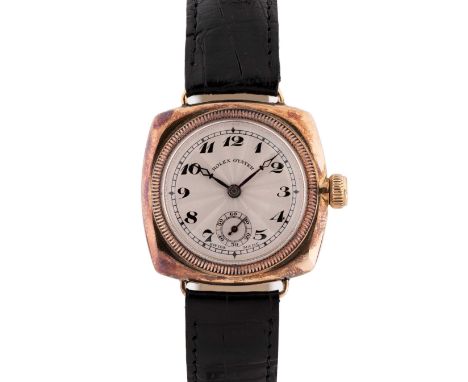 A GENTLEMAN'S SIZE 9CT SOLID GOLD ROLEX OYSTER 'CUSHION' WRIST WATCHCIRCA 1930, GUILLOCHE DIAL WITH BREGUET NUMERALS, ACCOMPA