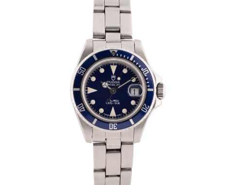 A LADIES STAINLESS STEEL TUDOR PRINCESS DATE LADY SUB BRACELET WATCHDATED 1999, REF. 96090 WITH BLUE DIAL & MERCEDES HANDS, A